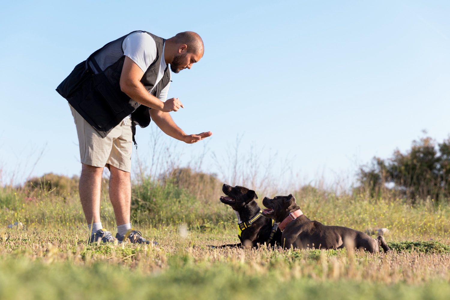 man training his two dogs outdoors